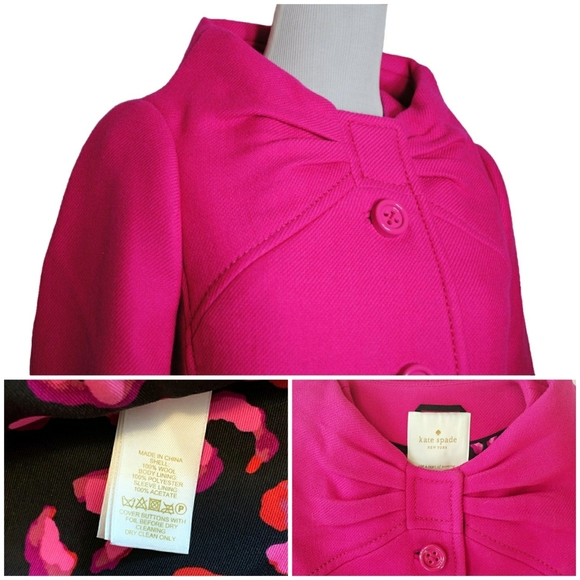 Kate Spade Etta Bow Snapdragon Pink Wool Coat 4 - Picture 5 of 9